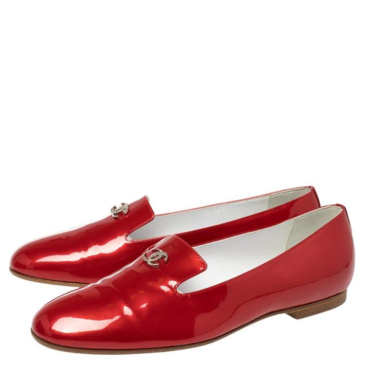 Pre Owned Chanel Red Patent Leather Crystal CC Slip On Loafers Size 39.5