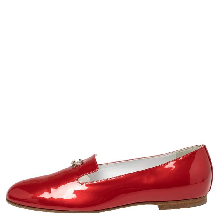 Pre Owned Chanel Red Patent Leather Crystal CC Slip On Loafers Size 39.5