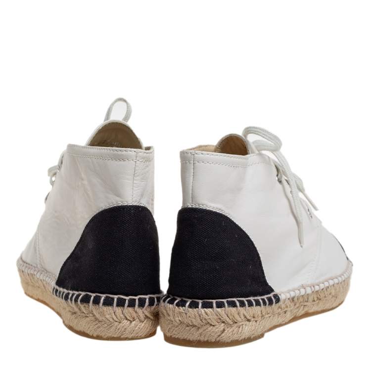 Pre Owned Chanel White/Black Leather And Canvas High Top Espadrille Sneakers Size 40