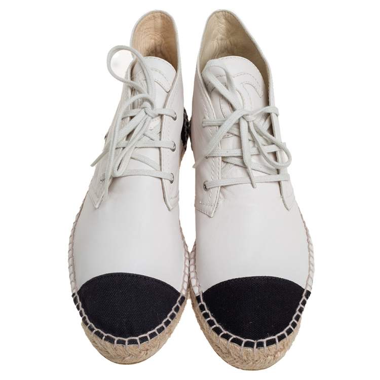 Pre Owned Chanel White/Black Leather And Canvas High Top Espadrille Sneakers Size 40