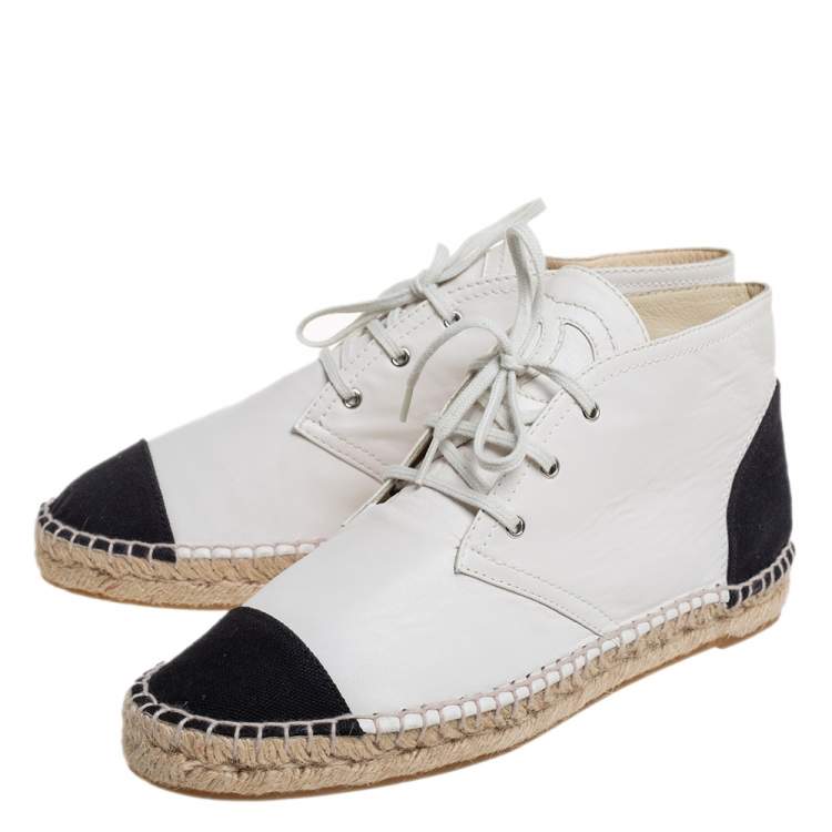 Pre Owned Chanel White/Black Leather And Canvas High Top Espadrille Sneakers Size 40