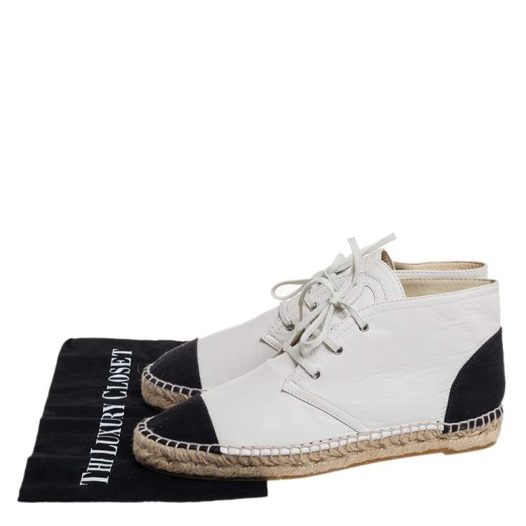 Pre Owned Chanel White/Black Leather And Canvas High Top Espadrille Sneakers Size 40