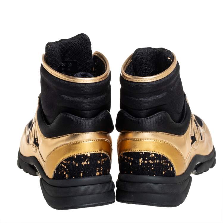 Pre Owned Chanel Black/Gold Tweed and Patent Leather CC High Top Sneakers Size 38