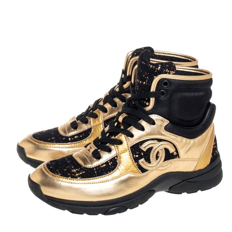 Pre Owned Chanel Black/Gold Tweed and Patent Leather CC High Top Sneakers Size 38