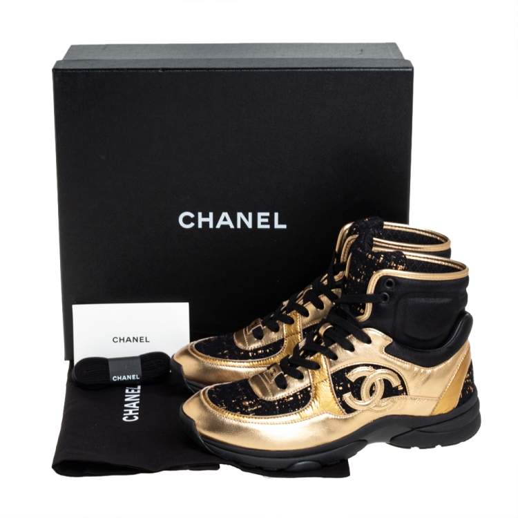 Pre Owned Chanel Black/Gold Tweed and Patent Leather CC High Top Sneakers Size 38