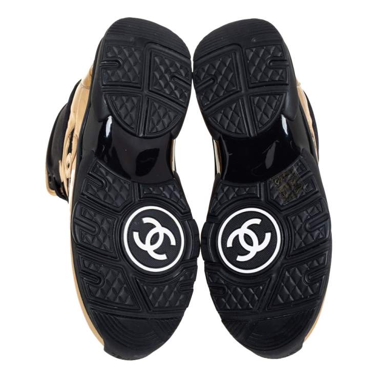Pre Owned Chanel Black/Gold Tweed and Patent Leather CC High Top Sneakers Size 38