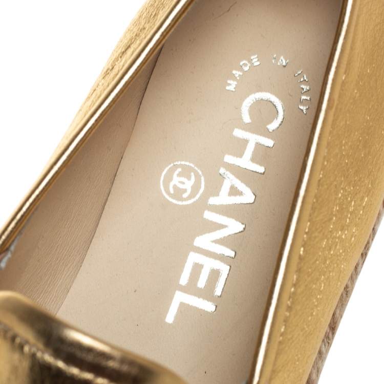 Pre Owned Chanel Metallic Gold Leather CC Espadrille Loafers Size 36