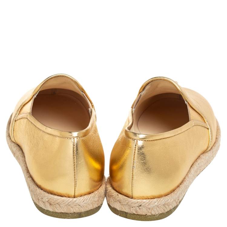 Pre Owned Chanel Metallic Gold Leather CC Espadrille Loafers Size 36
