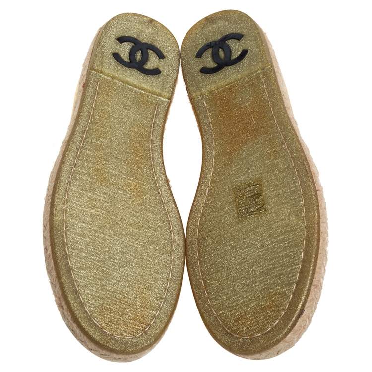Pre Owned Chanel Metallic Gold Leather CC Espadrille Loafers Size 36