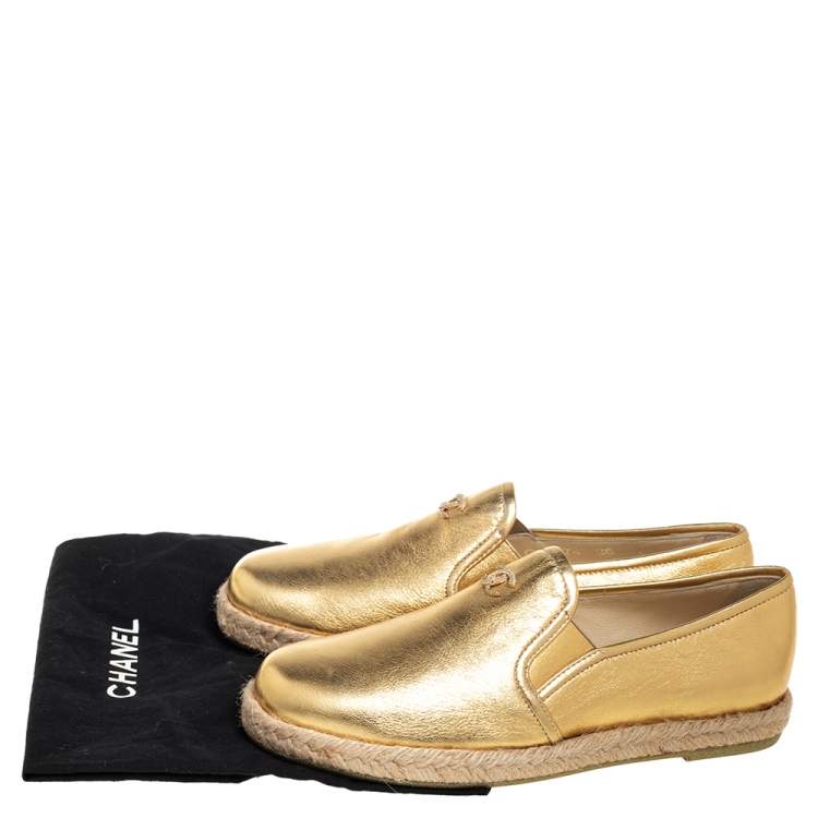 Pre Owned Chanel Metallic Gold Leather CC Espadrille Loafers Size 36