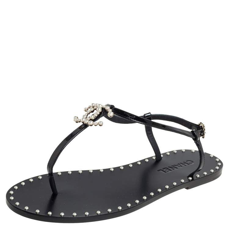 black leather chanel sandals 38