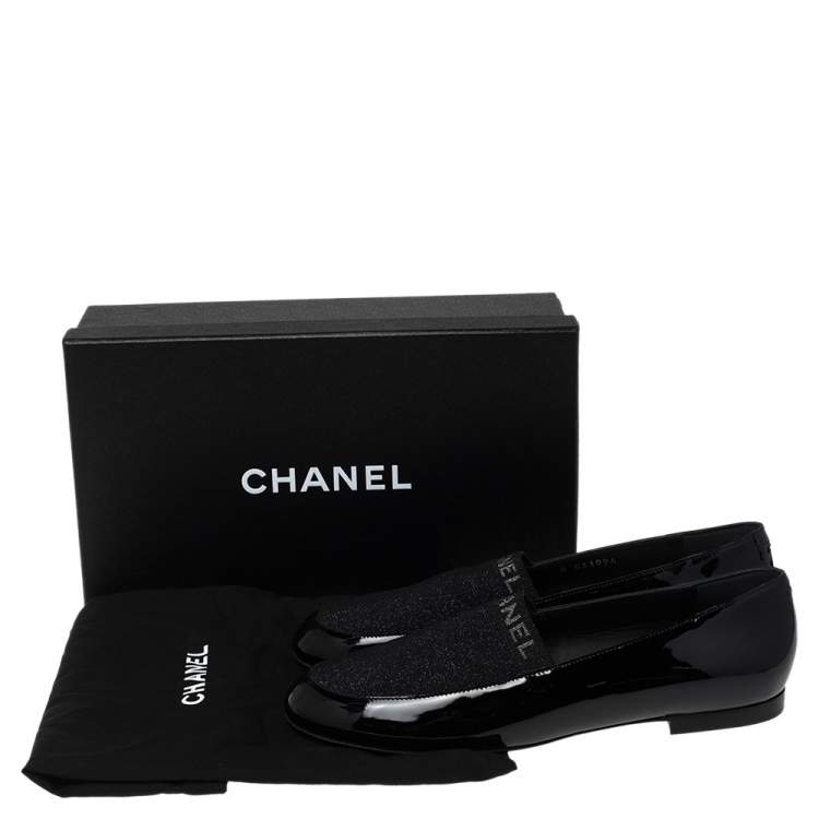 Pre Owned Chanel Black Patent Leather and Knit Fabric Slip On Loafers Size 40.5
