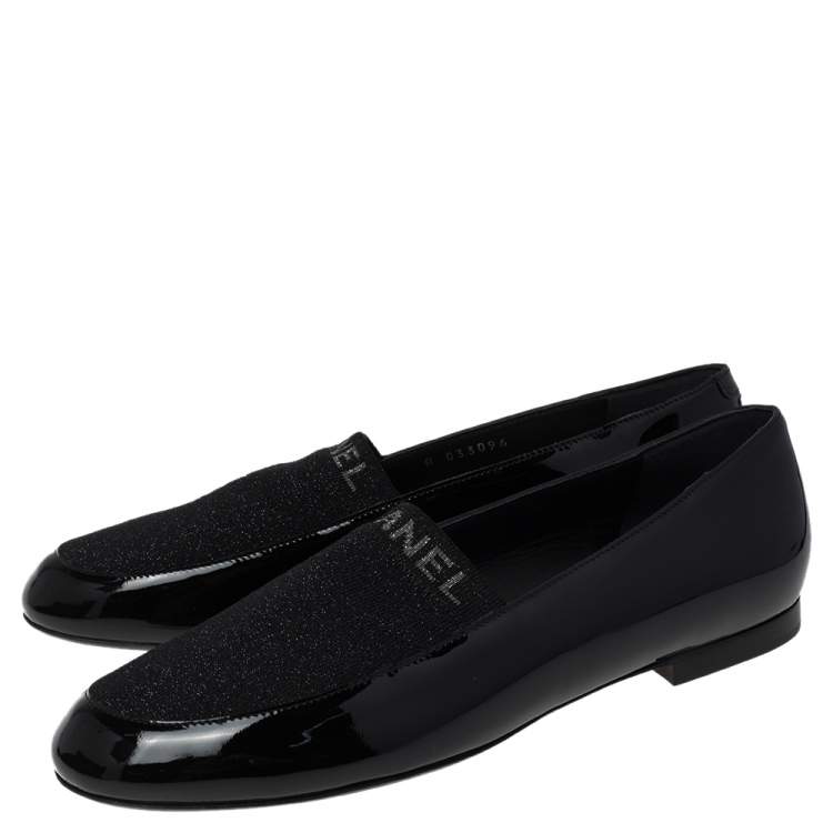 Pre Owned Chanel Black Patent Leather and Knit Fabric Slip On Loafers Size 40.5