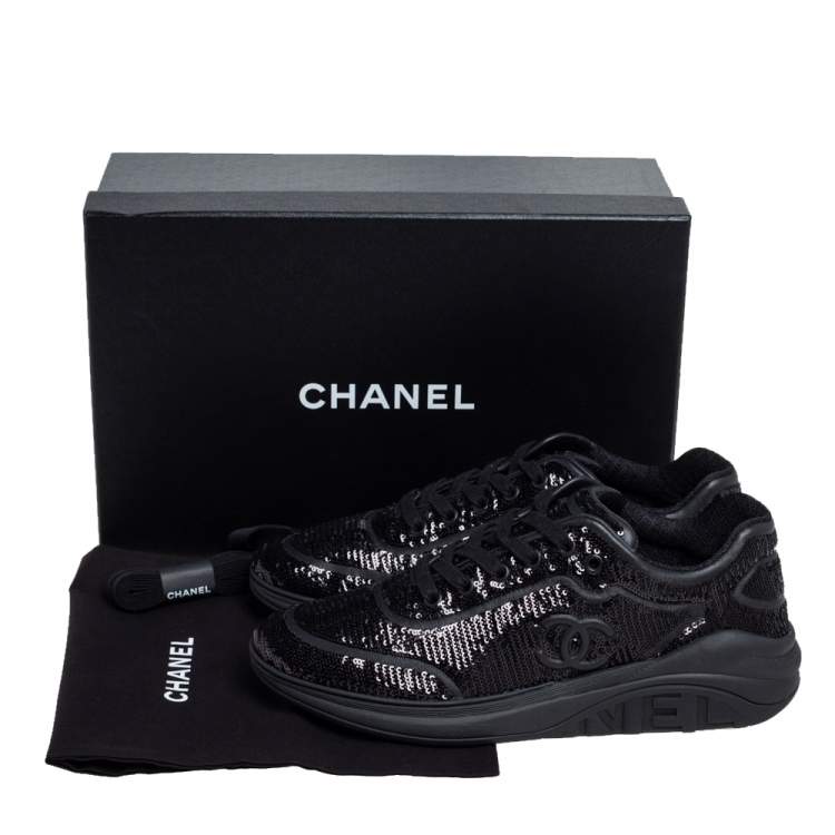 Pre Owned Chanel Black Sequins and Leather CC Low Top Sneakers Size 41