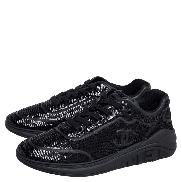 Pre Owned Chanel Black Sequins and Leather CC Low Top Sneakers Size 41