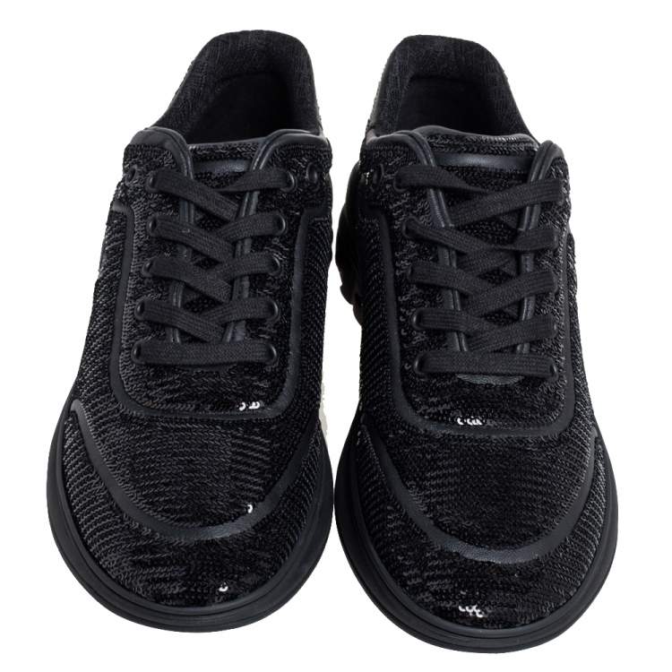 Pre Owned Chanel Black Sequins and Leather CC Low Top Sneakers Size 41