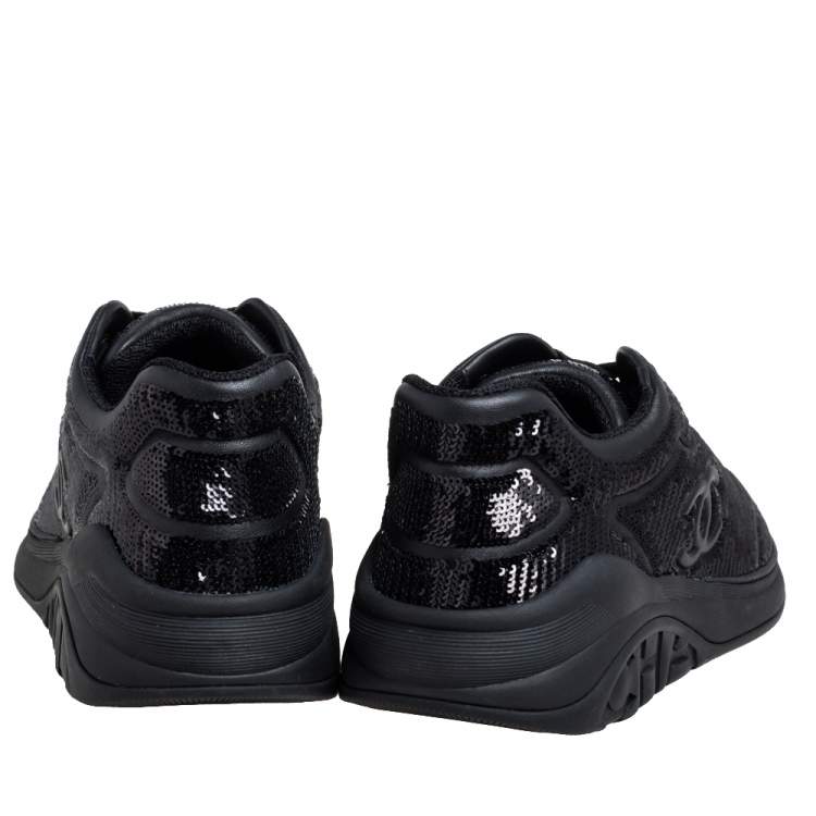 Pre Owned Chanel Black Sequins and Leather CC Low Top Sneakers Size 41