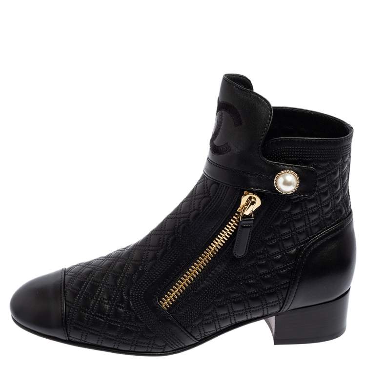 Chanel Black Quilted Leather Pearl Embellished Ankle Boots Size 39.5 Chanel