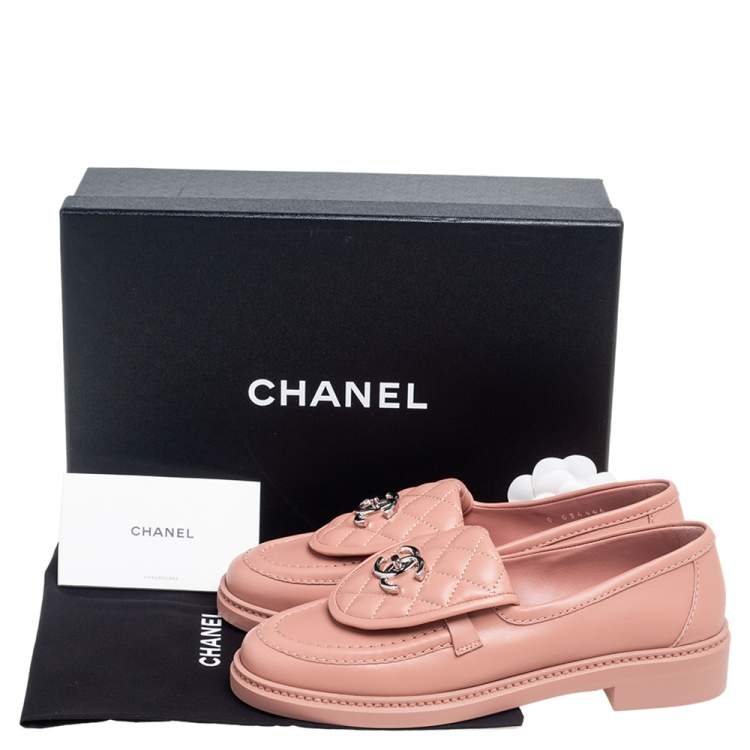 Pre Owned Chanel Pink Quilted Leather Flap Turn Lock CC Loafers Size 37