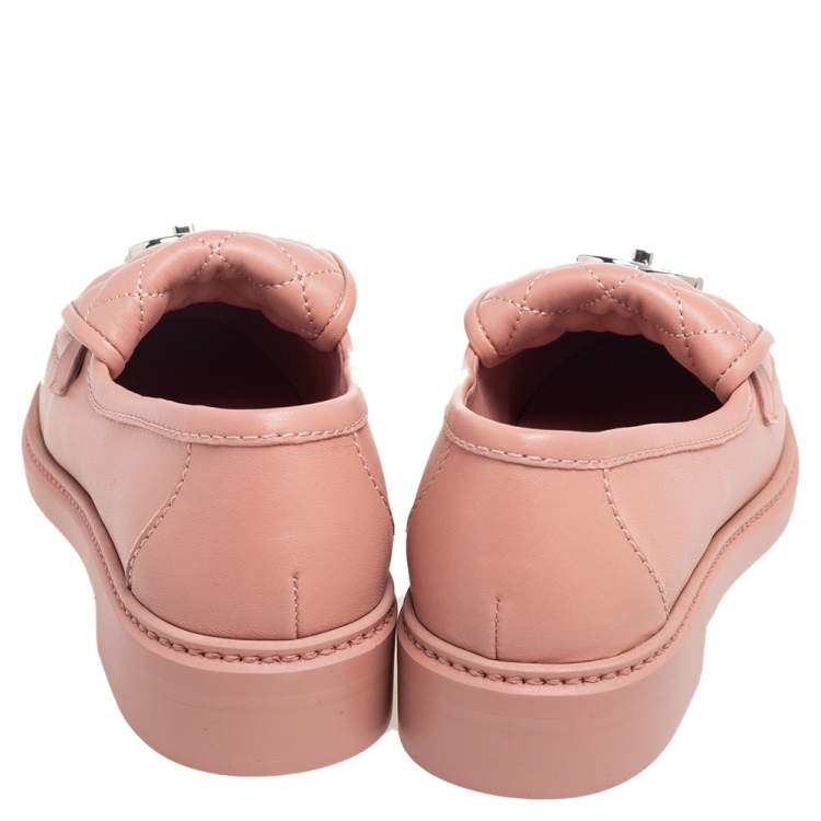 Pre Owned Chanel Pink Quilted Leather Flap Turn Lock CC Loafers Size 37