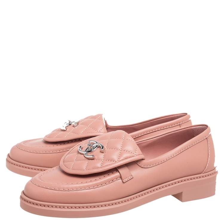 Pre Owned Chanel Pink Quilted Leather Flap Turn Lock CC Loafers Size 37