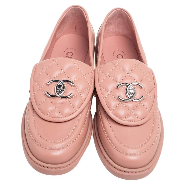Pre Owned Chanel Pink Quilted Leather Flap Turn Lock CC Loafers Size 37