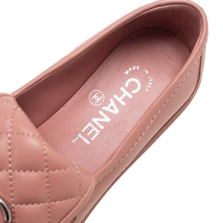 Pre Owned Chanel Pink Quilted Leather Flap Turn Lock CC Loafers Size 37