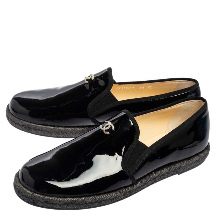 Pre Owned Chanel Black Patent Leather Flattie CC Logo Espadrille Loafers Size 39