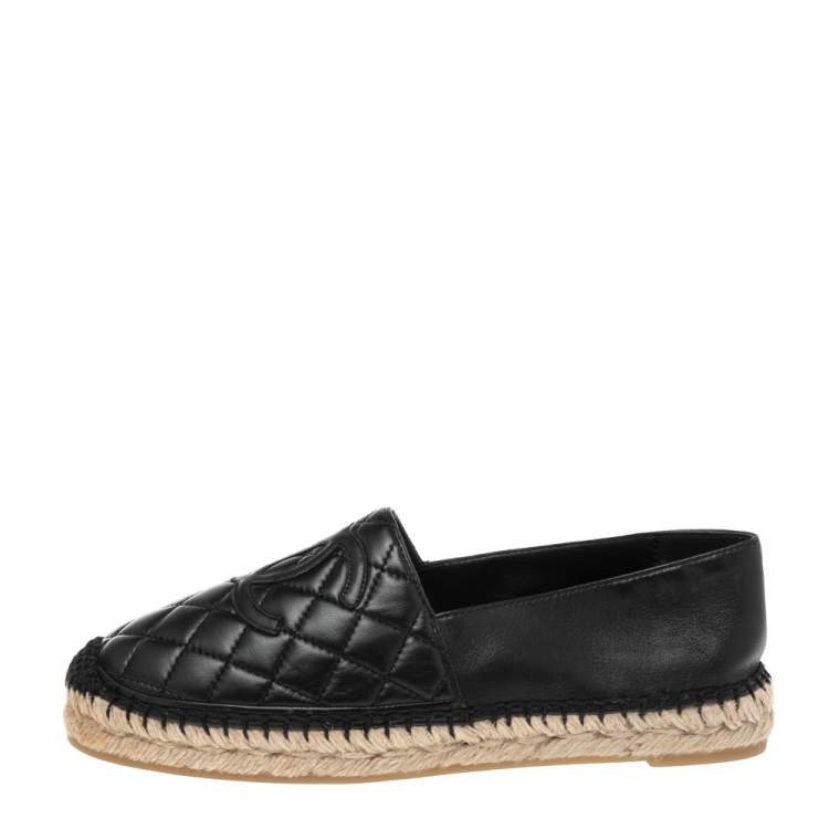 Chanel Black Quilted Leather CC Espadrille Flats Size 38 Chanel