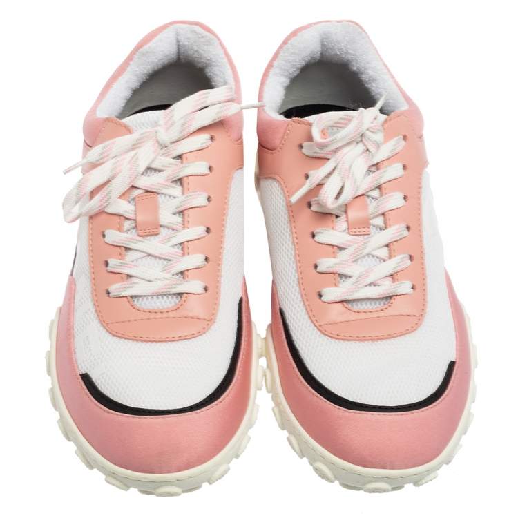 Pre Owned Chanel Pink/White Leather And Mesh CC Sneakers Size 40