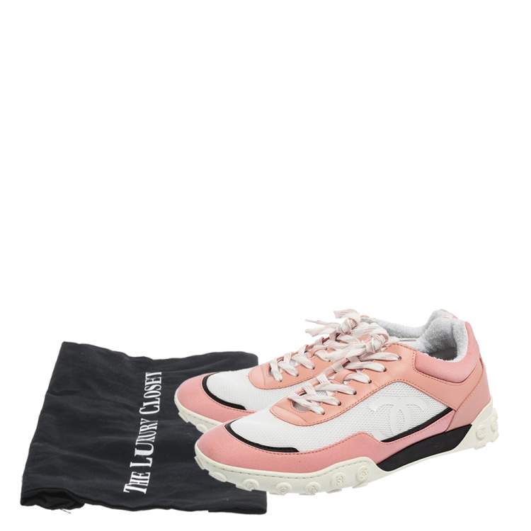 Pre Owned Chanel Pink/White Leather And Mesh CC Sneakers Size 40