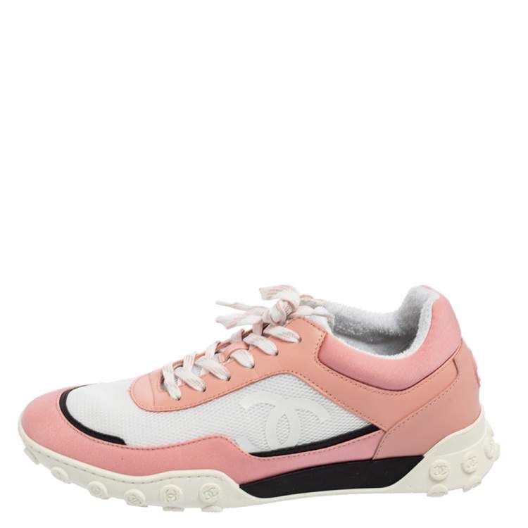 Pre Owned Chanel Pink/White Leather And Mesh CC Sneakers Size 40