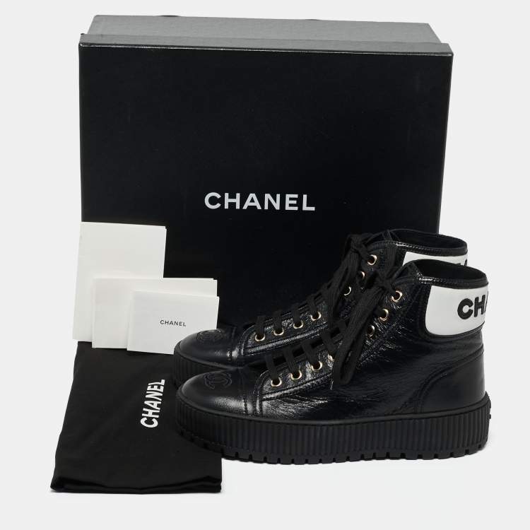 Pre Owned Chanel Black Leather Cap Toe High Top Platform Sneakers 37