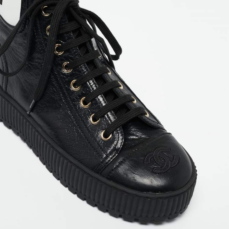 Pre Owned Chanel Black Leather Cap Toe High Top Platform Sneakers 37