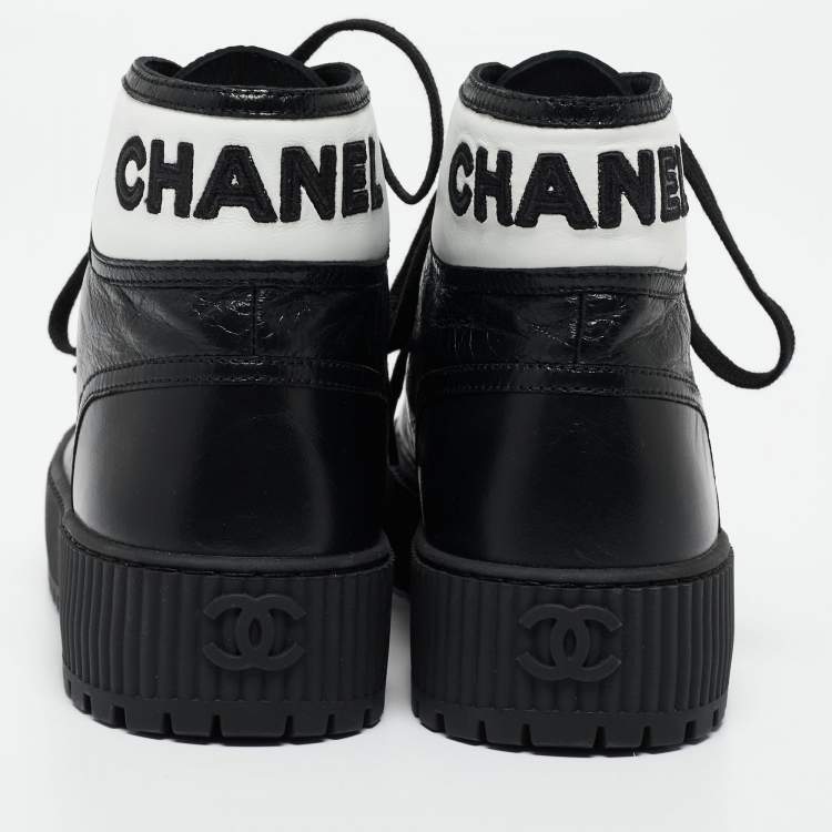 Pre Owned Chanel Black Leather Cap Toe High Top Platform Sneakers 37