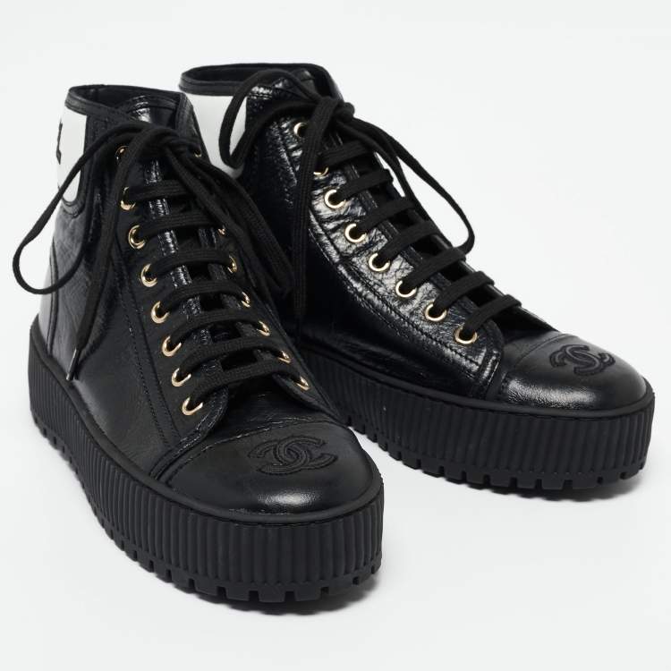 Pre Owned Chanel Black Leather Cap Toe High Top Platform Sneakers 37