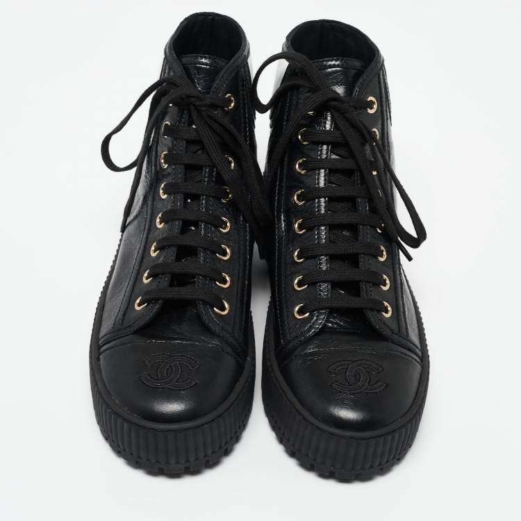Pre Owned Chanel Black Leather Cap Toe High Top Platform Sneakers 37