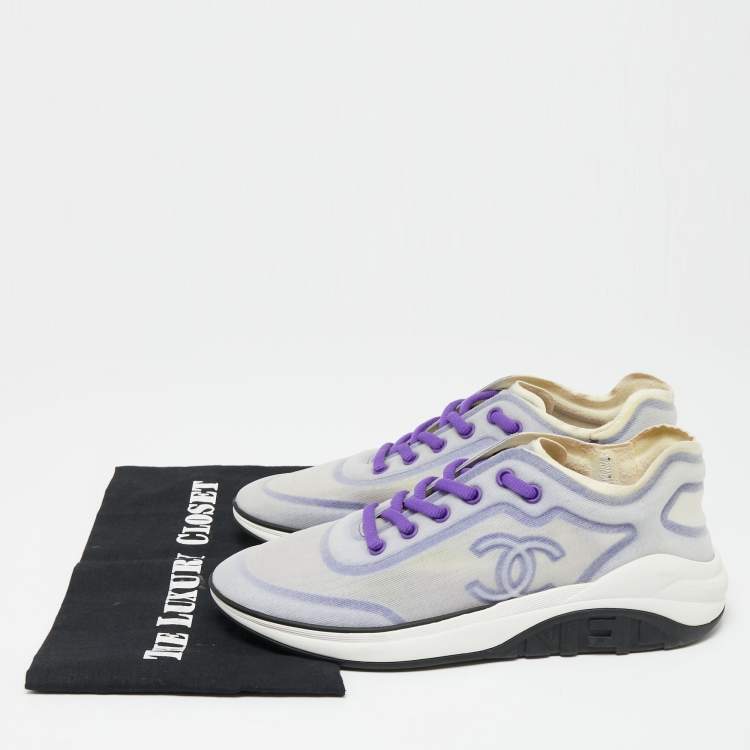 Pre Owned Chanel Purple/White Net And Fabric Lyrca Logo Trainers Sneakers Size 39