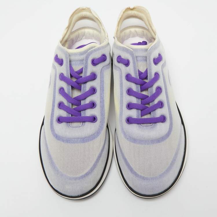 Pre Owned Chanel Purple/White Net And Fabric Lyrca Logo Trainers Sneakers Size 39
