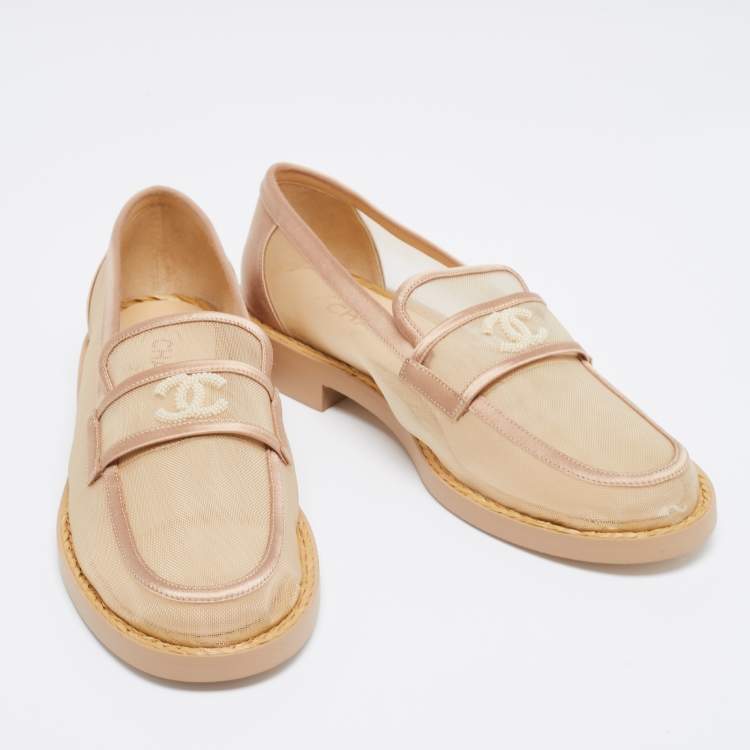 Pre Owned Chanel Beige Mesh and Satin Embellished CC Loafers Size 39.5