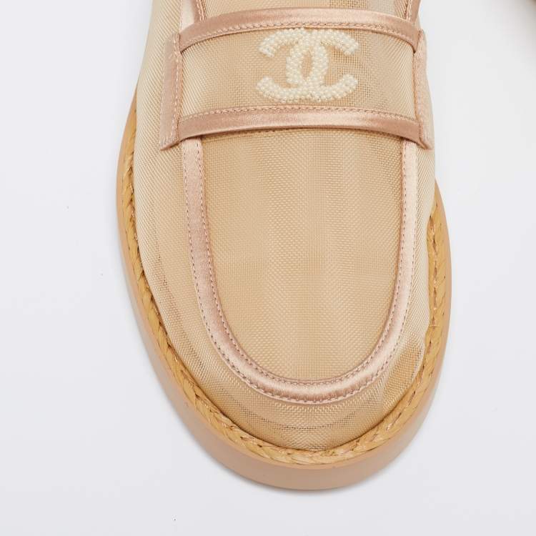 Pre Owned Chanel Beige Mesh and Satin Embellished CC Loafers Size 39.5