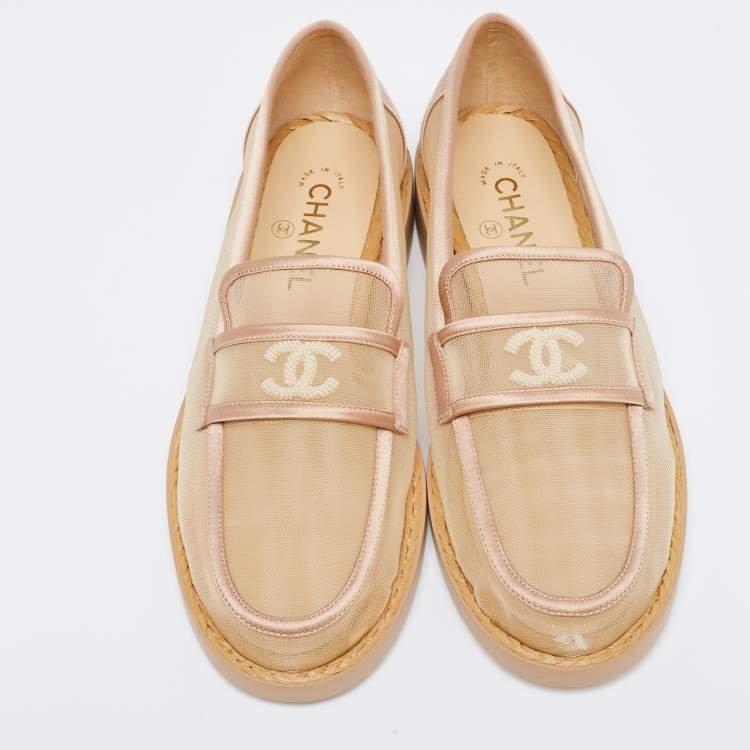 Pre Owned Chanel Beige Mesh and Satin Embellished CC Loafers Size 39.5