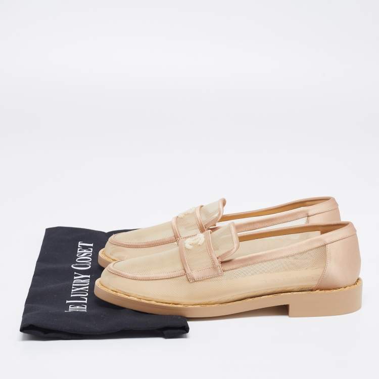 Pre Owned Chanel Beige Mesh and Satin Embellished CC Loafers Size 39.5