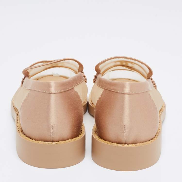 Pre Owned Chanel Beige Mesh and Satin Embellished CC Loafers Size 39.5