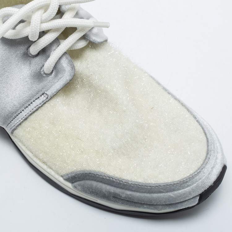 Pre Owned Chanel White/Grey Stretch Fabric and Corduroy CC Sneakers Size 40.5