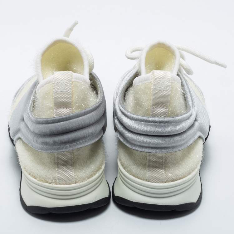 Pre Owned Chanel White/Grey Stretch Fabric and Corduroy CC Sneakers Size 40.5