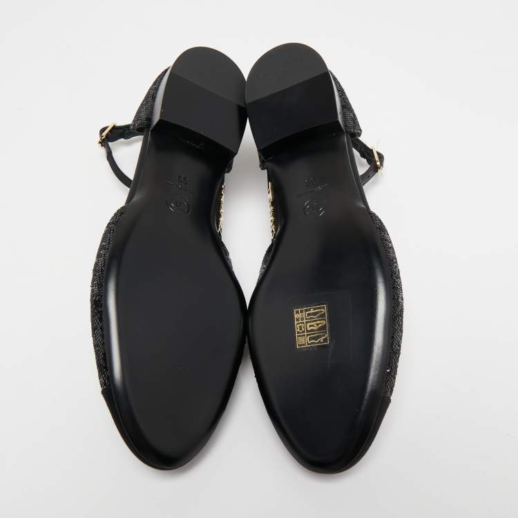 Pre Owned Chanel Black Sequins and Canvas CC Cap Toe Mary Jane Flats Size 39