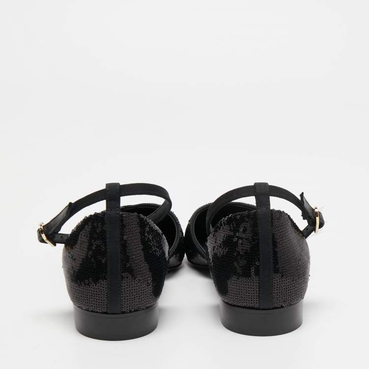 Pre Owned Chanel Black Sequins and Canvas CC Cap Toe Mary Jane Flats Size 39