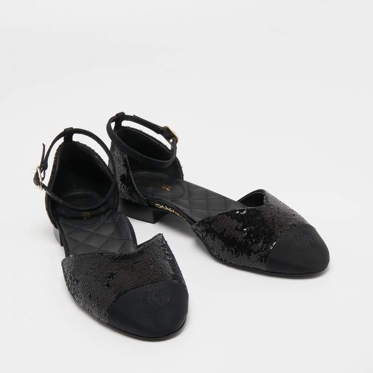 Pre Owned Chanel Black Sequins and Canvas CC Cap Toe Mary Jane Flats Size 39