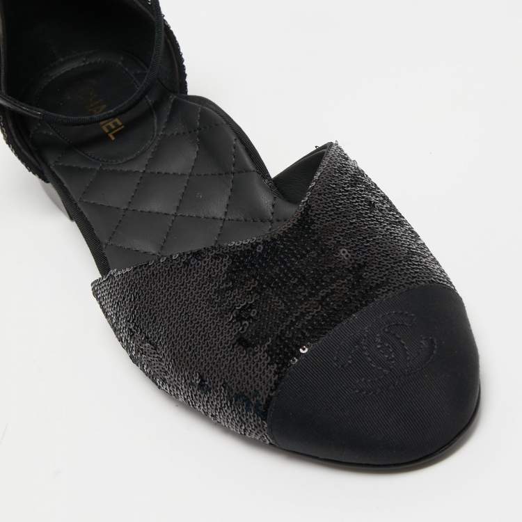 Pre Owned Chanel Black Sequins and Canvas CC Cap Toe Mary Jane Flats Size 39